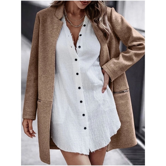 Cozy Khaki Tan Oversized Open Front Jacket Blazer - Picture 2 of 3